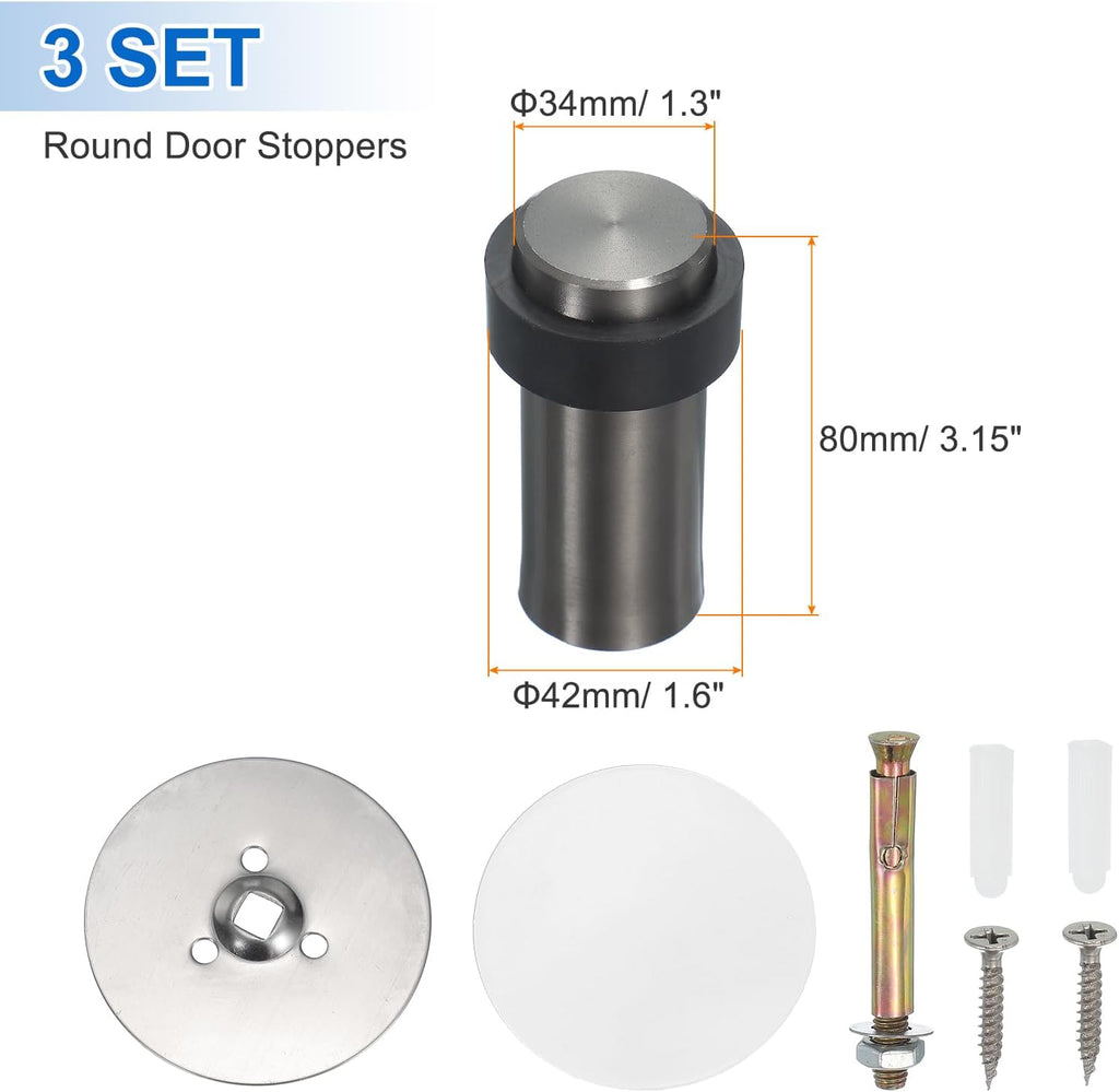 PATIKIL 3Set Round Door Stoppers, 80mm Stainless Steel Door Stop Doorstop Wedge Metal Cylinder Self Adhesive with Screw for Bottom of Door Floor Inside, Gold Tone