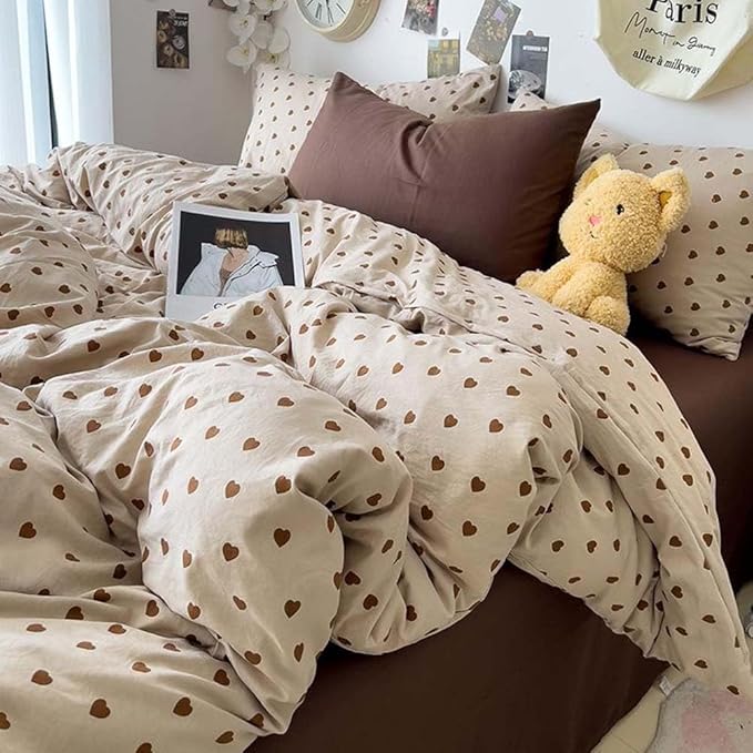 Nayoroom Brown Heart Duvet Cover Full Size Vintage Hearts Printed on Taupe by Nayoroom