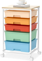 SYKIARIOL Utility Cart with 5 Drawers, Storage Cart with Wooden Tabletop and by SYKIARIOL