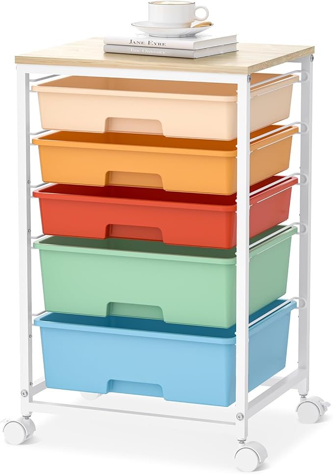 SYKIARIOL Utility Cart with 5 Drawers, Storage Cart with Wooden Tabletop and by SYKIARIOL