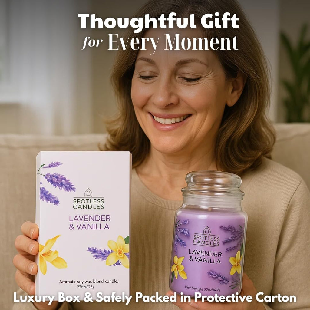 Vanilla & Lavender Candle 22oz Glass Jar with Wooden Wick in a Decorated Jar Within a Presentation Gift Box and Protective Shipping Box