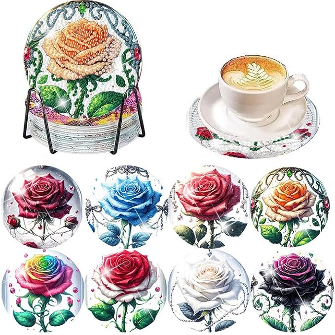 Axquilono 8 Pcs Rose Diamond Art Coasters Kit by Axquilon