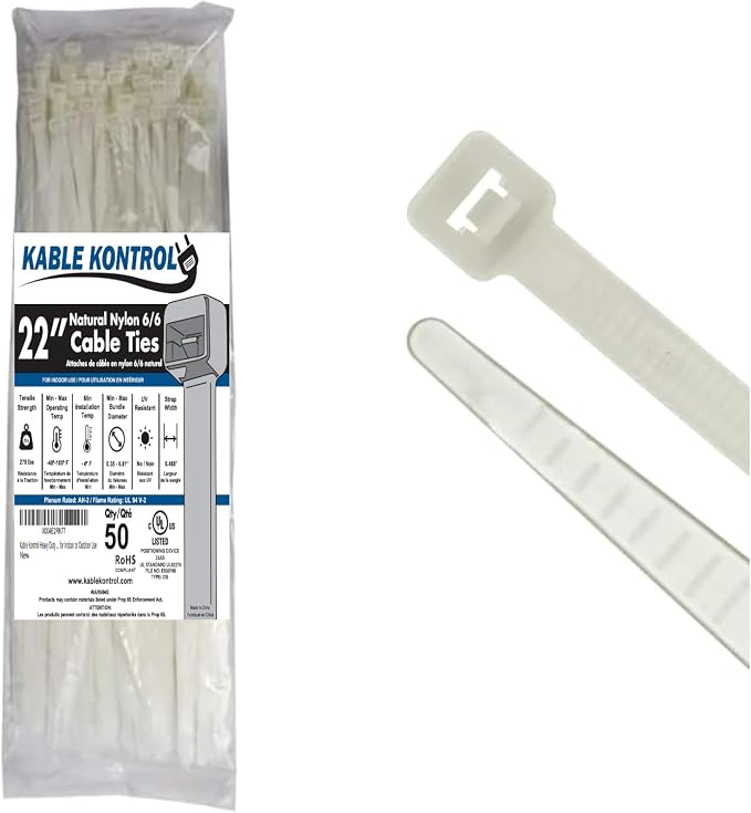 Kable Kontrol Heavy Duty Cable Zip Ties 50 Pcs 22 Inch, Natural White, 250 Lbs by KABLEKONTROL%C2%AE