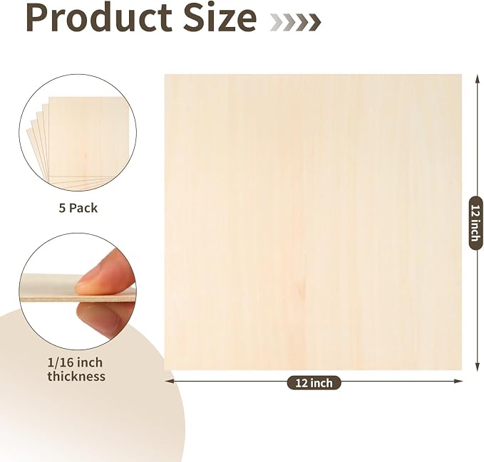 Balsa Wood, Plywood Sheet, Unfinished Basswood Blanks, 12×12×1/16 in, Paint; - Image 2