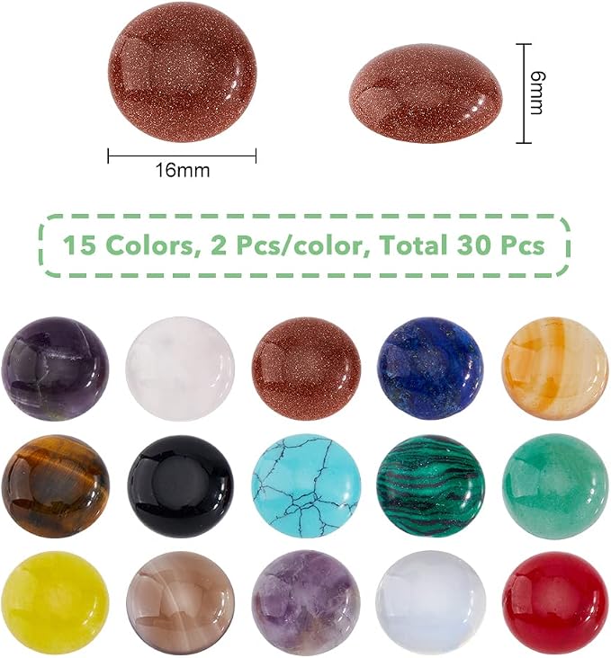 SUPERFINDINGS 30Pcs 15 Styles Natural Cabochon Gemstone 16mm Half Round Dome - Image 2