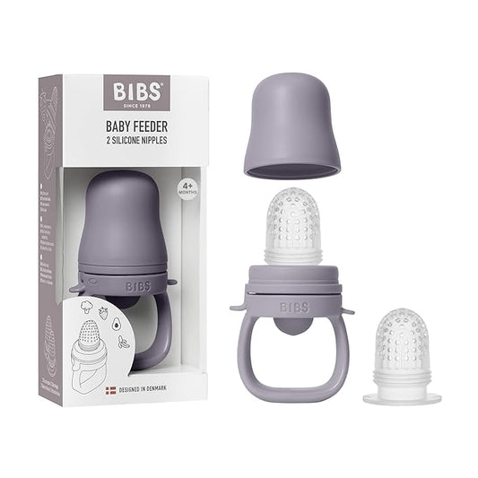 BIBS Baby Feeder with 2 Silicone Nipples, Compatible with Freezer Tray, Easy-Grip, BPA-Free - Ideal for Teething & Self-Feeding, 4+ Months - Fossil Grey