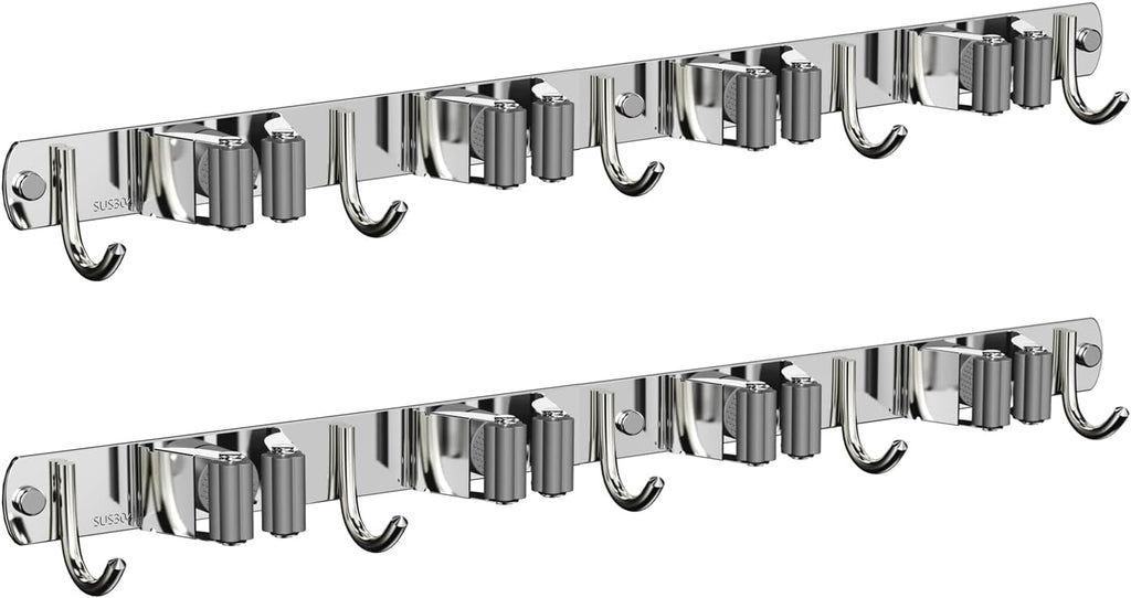 2 Pack Mop and Broom Holder Wall Mount, Non-slip Broom Hanger Wall Mount, Heavy Duty Mop Broom Organizer for Kitchen Garden Garage Laundry Room Wall Decor Organization and Storage Silver 4R5H