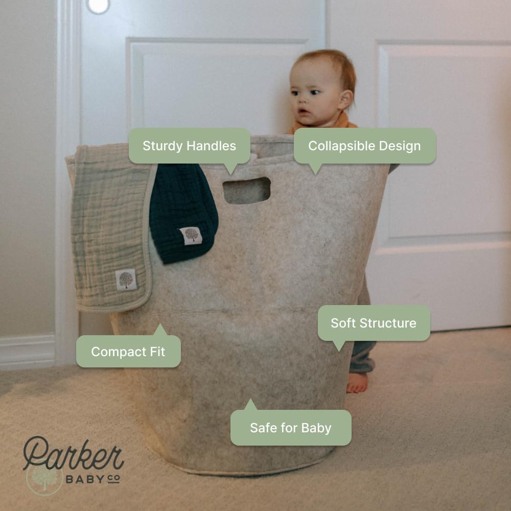 Parker Baby Co. Nursery Laundry Hamper - Large Felt Storage Basket and Baby Hamper for Nursery (White)