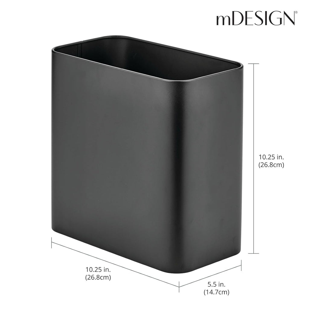 mDesign Small Metal 2.4 Gallon Trash Can Wastebasket Garbage Bin for Bathroom - Mini Slim Rubbish Waste Bin for Master or Guest Bath, Bedroom, Garage, Laundry Room, or Playroom, Black, Pack of 1