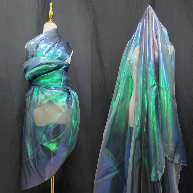 Dark Forest Green Iridescent Organza Fabric by Unknown