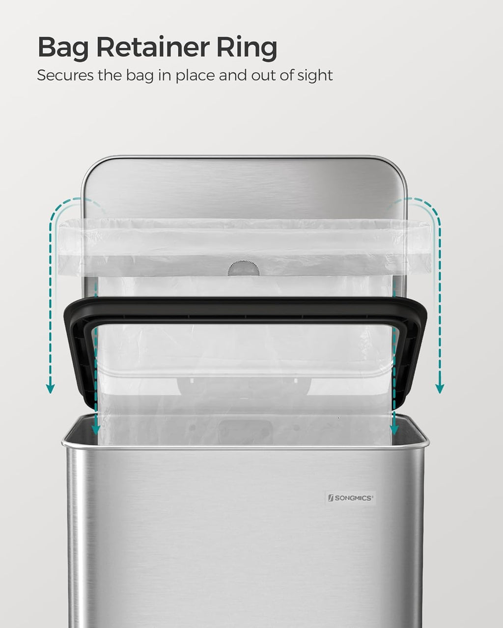 SONGMICS Kitchen Trash Can, 10.5 Gallon (40 L) Garbage Can, Large Step Trash Bin with Lid, Stainless Steel, Soft Close, 15 Trash Bags Included, Silver ULTB540E40