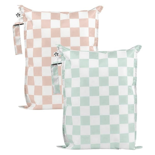 Tiny Twinkle Wet Dry Bag – 2 Pack Reusable Waterproof & Mess Proof Wet Bags for Swimsuits & Travel, Baby Towels & Beach Essentials,a Diaper Bag Must-Have(Unisex Checkers)