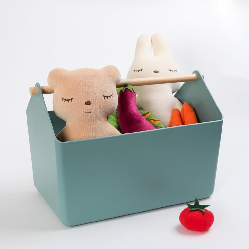 BLUE GINKGO Large Storage Basket – Plastic Caddy with Wooden Handle for Bathroom, Pantry, or Cleaning Supplies (Green)