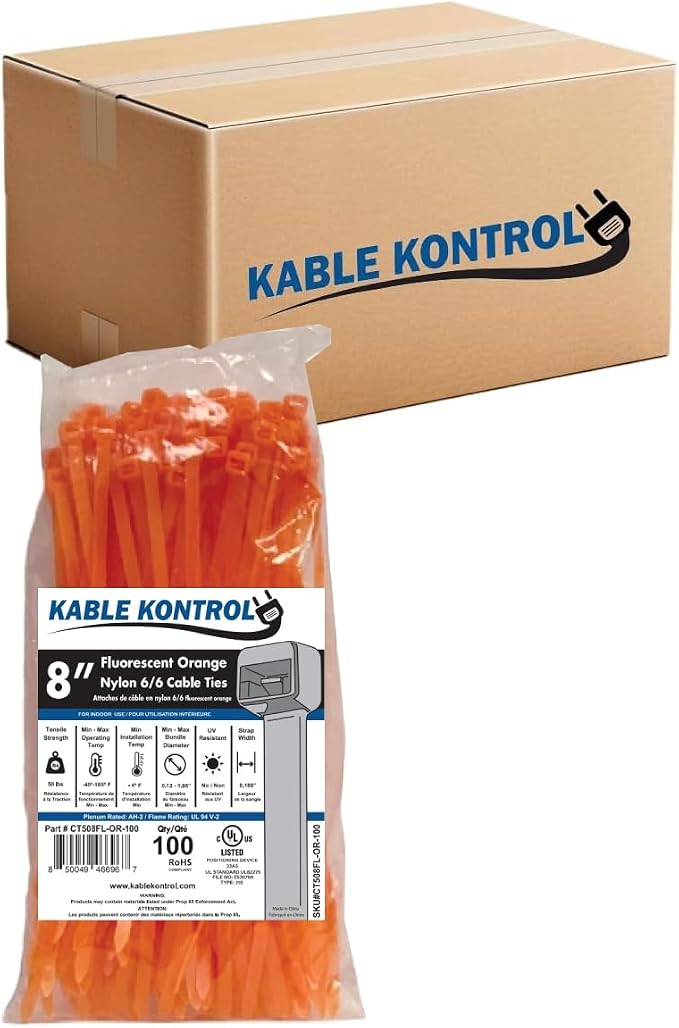 Kable Kontrol Fluorescent Orange Zip Ties 8 Inch 10, 50 Lbs Tensile Strength by KABLEKONTROL%C2%AE