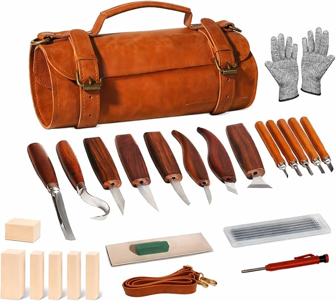 Deluxe Wood Carving Kit, High-Carbon Steel Knives, Safety Gloves, Woodworking by Mointech