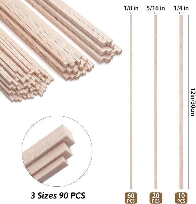 Balsa Wood Sticks for Crafts, Balsa Wood Strips 1/8 in+3/16 in+1/4 in, - Image 3