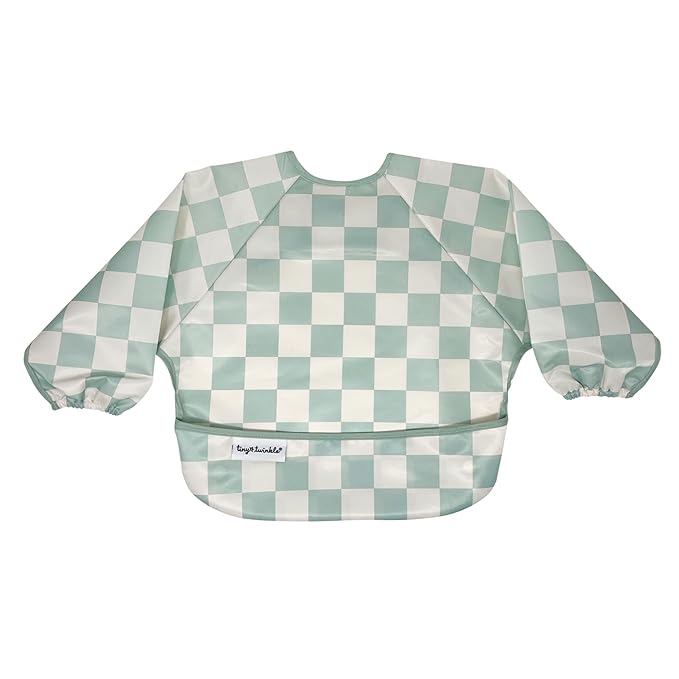 Tiny Twinkle Long Sleeve Bib for Babies & Toddlers – Waterproof Smock Bib for Eating – Machine Washable & Mess-Proof, Baby Feeding Essential & Shower Must-Have(Checkers Sage, 6–24M)