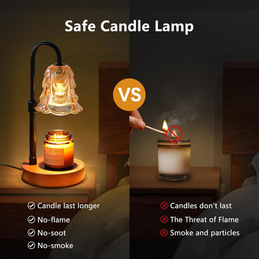 Candle Warmer Lamp with Timer and Dimmer - Adjustable Height Wax Melt Warmer, 4 Brightness Levels, 2/4/8H Timer, Wood Base & Glass Shade, Includes 2 GU10 Halogen Bulbs for Home Decor
