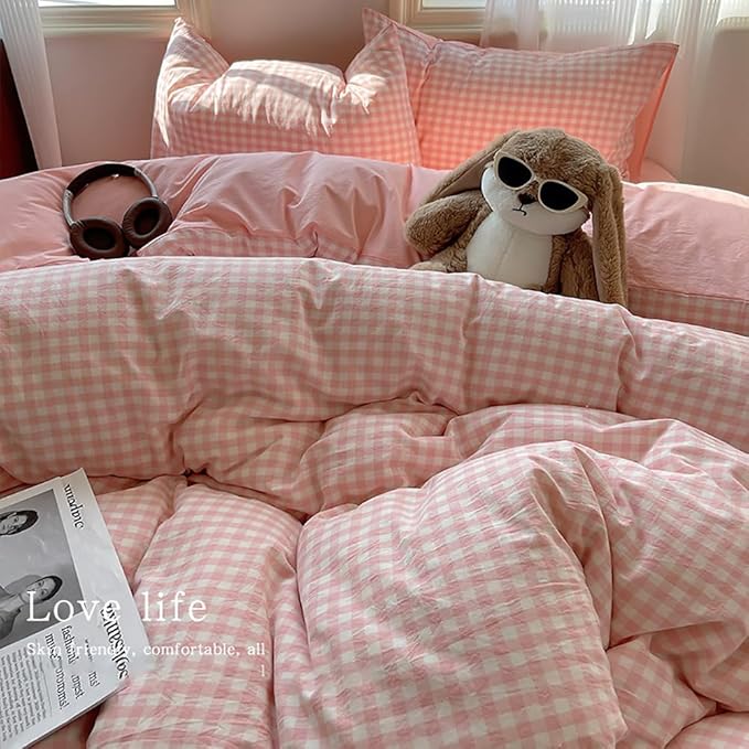 Nayoroom Pink Gingham Duvet Cover Queen Size Reversible Plaid Checkered Duvet - Image 3
