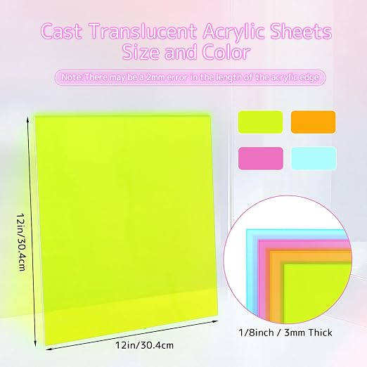 Adrattnay 4Pcs Acrylic Sheets Fluorescent Neon Colored Acrylic 12 x 12in | 1/8" - Image 2