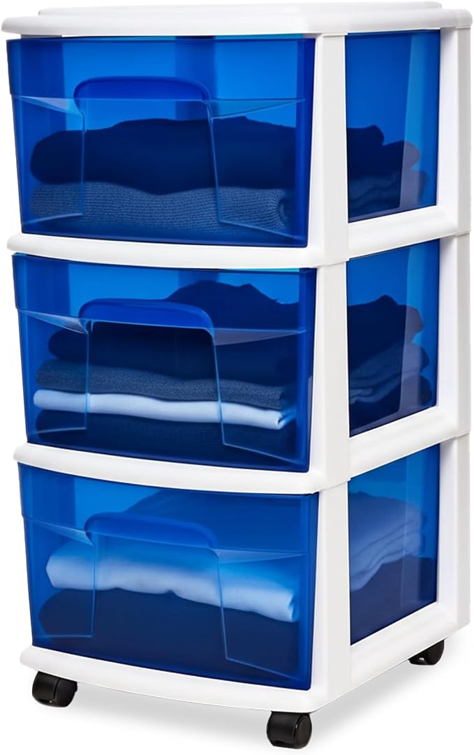 HOMZ Drawer Tower, 3-Tier Clear Blue Plastic Storage Organizer Cart, and by Homz