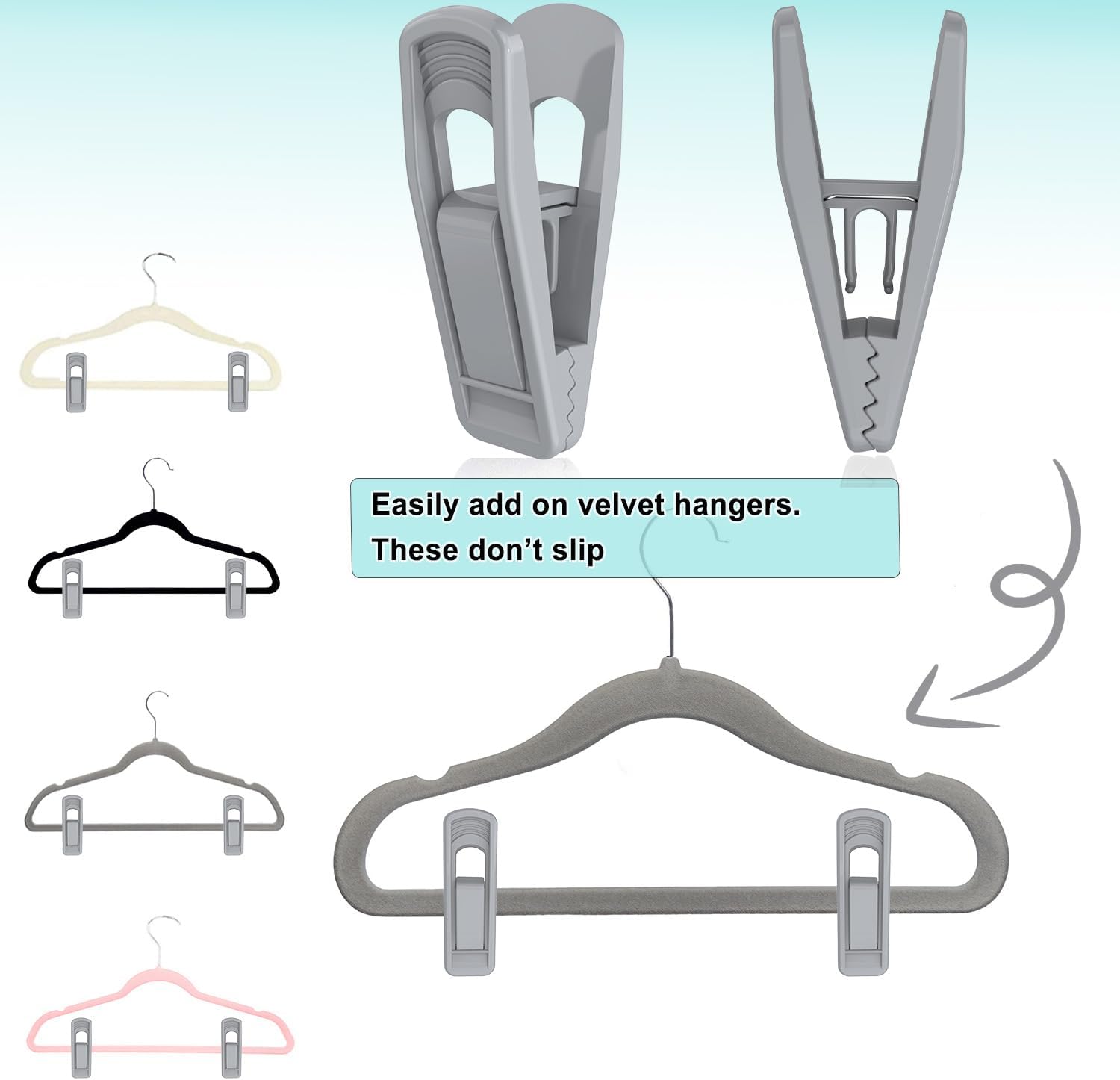 Hanger Clips Perfect for Velvet Hangers (Grey, 20 PCS), Strong Plastic Clips Pant Skirt Hanger Clips for Grey Flocking Felt Hangers