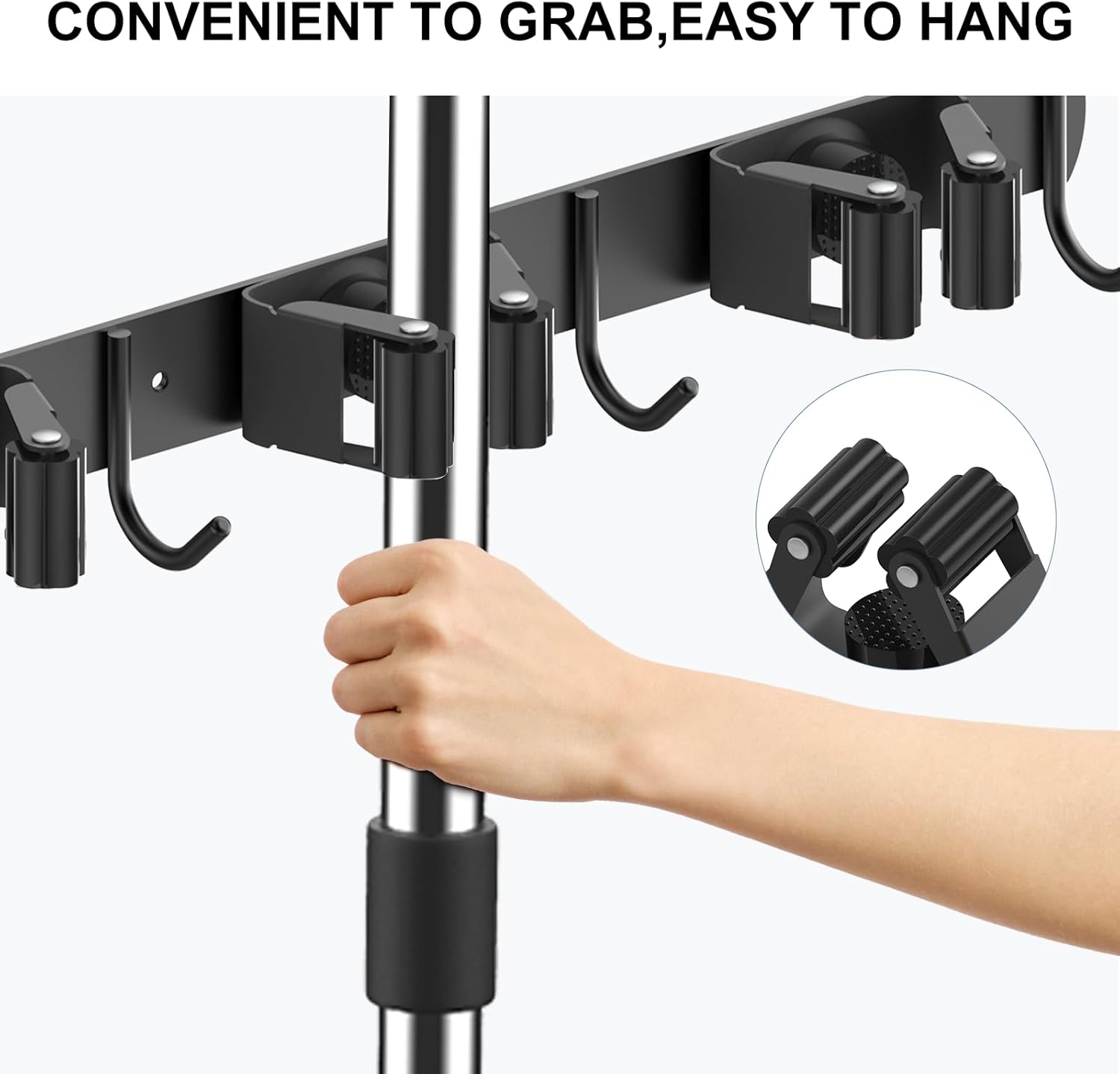 nacena Broom holder Wall Mount, 2-Pack Black Stainless Steel Self-Adhesive Mop and Broom Hooks Heavy Duty Broom and Mop Storage Rack laundry room organization for Kitchen Garden garage