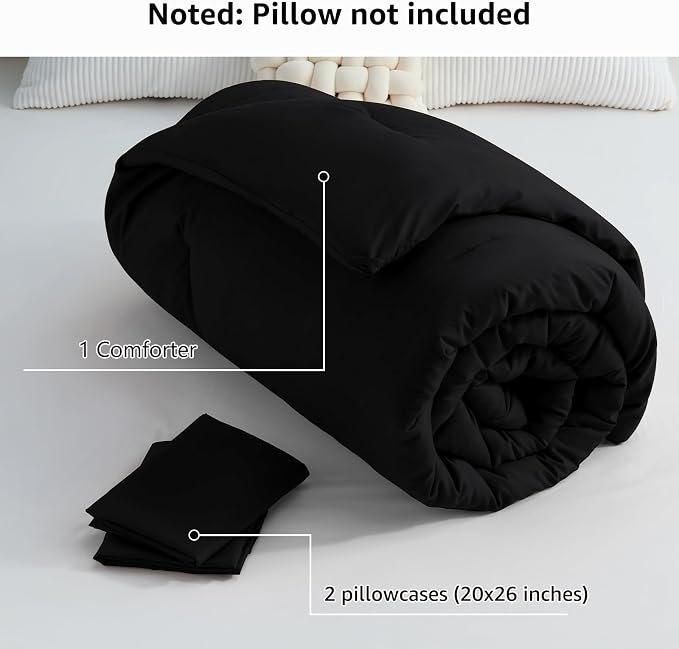 CozyLux Comforter Full Size Set Black, 3 Pieces Solid Lightweight Soft Bed Set - Image 7