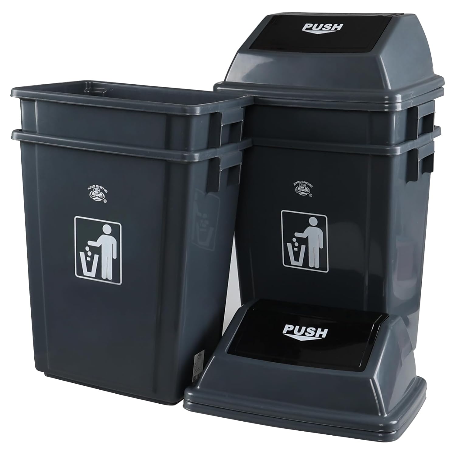 4-Pack Rectangular Waste Container with Swing Lid, 15 Gallon Commercial Trash Can, Gray