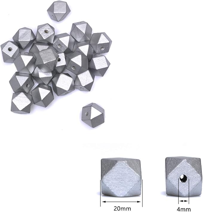 Silver Geometric Wooden Beads 20mm Polygon Wooden Spacer Beads - Image 4