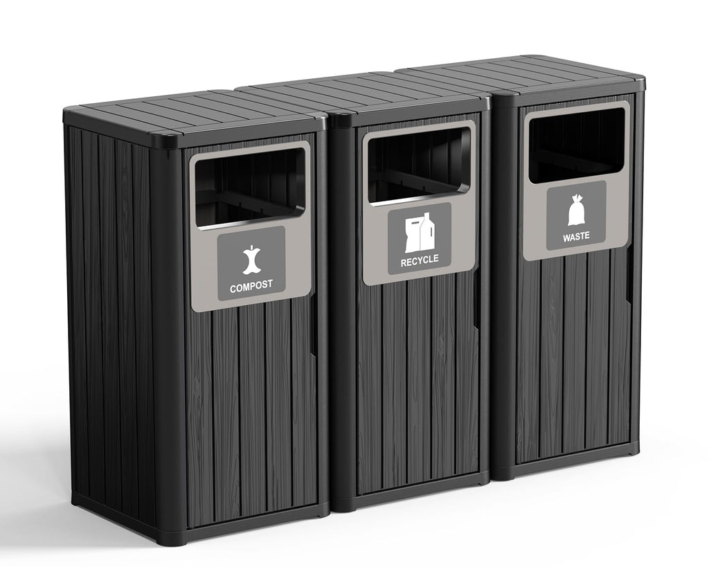 ROJIK 35" Tall Outdoor Trash Can,Weatherproof Resin Garbage Indoor Durable Lightweight,Suitable for Patio Office Kitchen,Easy to Clean,Assemble(Waste&Recycle&Composter, Black)