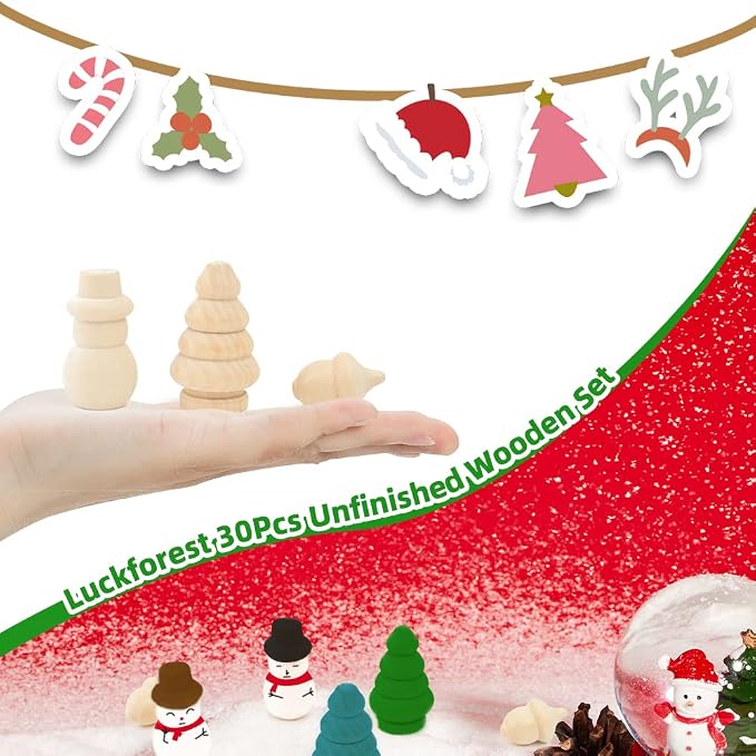 30Pcs Unfinished Wooden Set, Snowman Dolls Craft Christmas Tree Acorns Blank - Image 2
