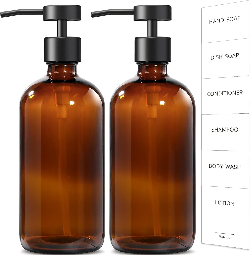 GMISUN Amber Glass Soap Dispenser, 2 Pack Bathroom Hand Soap Dispensers with Stainless Steel Flat Pump, 17 Fl Oz Kitchen Dish Soap Dispenser, Modern Vintage Liquid Brown Soap Dispensers Bottle Set