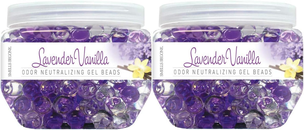 SMELLS BEGONE Odor Eliminator Gel Beads - 12 oz, Pack of 2 - Eliminates Odor in Bathrooms, Cars, Boats, RVs & Pet Areas - Air Freshener - Made with Essential Oils - Lavender Vanilla Scent