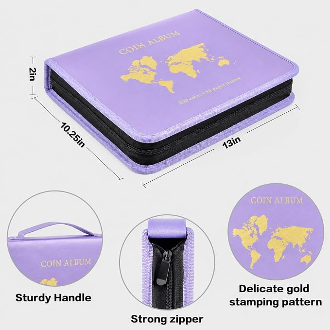 ANKHOH Zippered Coin Collection Book, 200 Pockets and 30 Bill Sleeves | PU - Image 4
