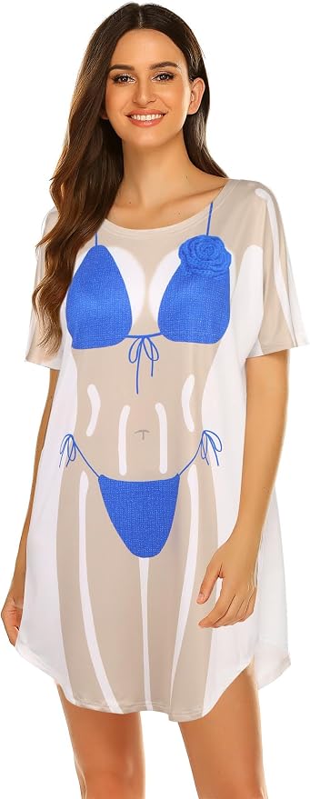 Ekouaer Women's Bikini Shirt Cover Up Short Sleeve Cute Bikini Print Cover-Up - Image 4