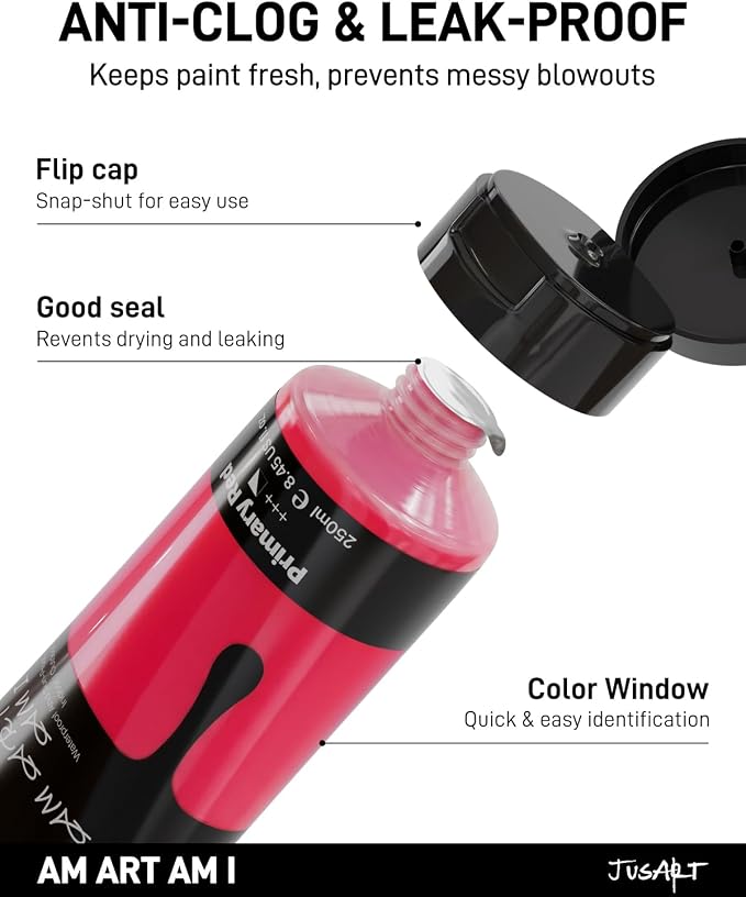 JusArt Red Acrylic Paint, 8.45oz/250ml Large Tube, Heavy Body Rich Pigment - Image 7