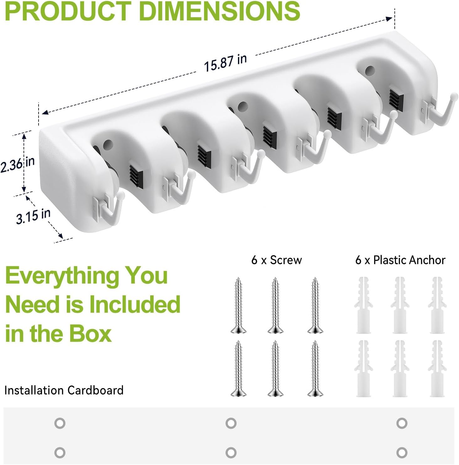 LETMY Broom Holder Wall Mount - Mop and Broom Hanger Holder - Garage Storage Rack & Garden Tool Organizer - 5 Position 6 Hooks Broom Rack for Home, kitchen, Garden, Tools, Garage Organization - White