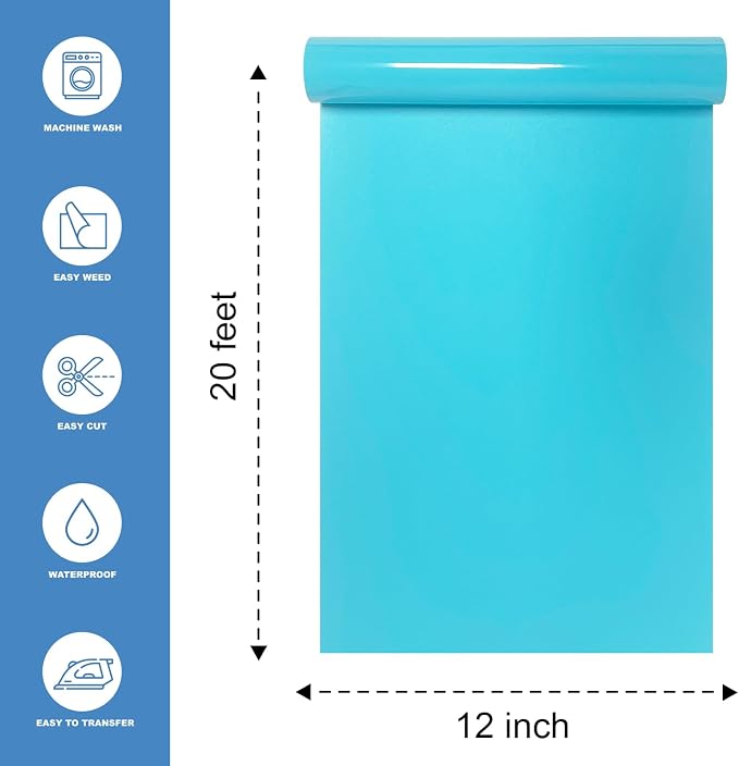 Light Blue Heat Transfer Vinyl HTV Roll 12" x 20ft. | Easy to Cut, Weed & - Image 2