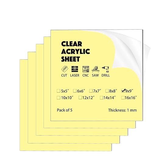 5 Pack 9"x9"x0.04" Thick Acrylic Sheets Transparent Plexiglass Panels by PLUSCHEN