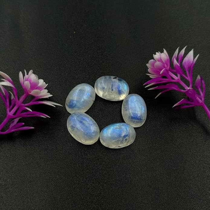 SGM Shop™ Natural Rainbow Moonstone Calibrated Oval Shape 5Pcs Cabochon Loose - Image 3