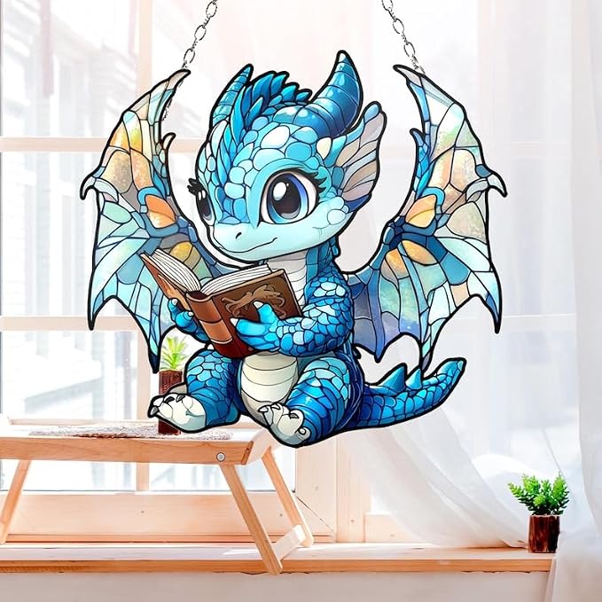 Dragon Reading Book Acrylic Suncatcher Ornament Fantasy Window Hanging Lover by Unknown