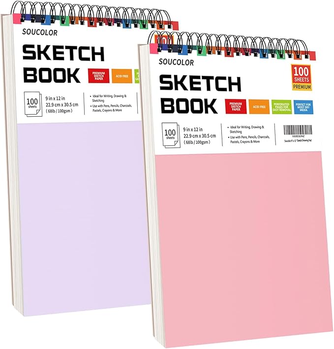 Soucolor 9x12 Sketch Book 2-Pack, 100 Sheets, Spiral Bound | 68lb acid-free by Soucolor