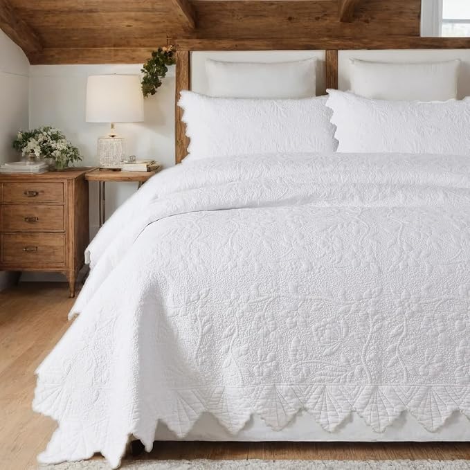 Brandream White Quilts Set Queen Size Bedspreads Cottagecore Farmhouse Bedding by Brandream