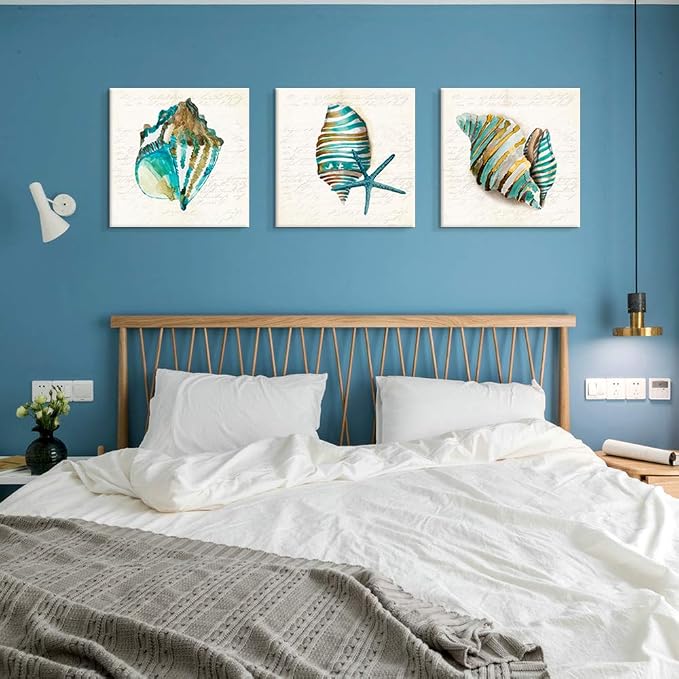 JAPO ART - Sea Lift Picture Abstract Artwork Aquarelle Color Blue Shells Gold - Image 5