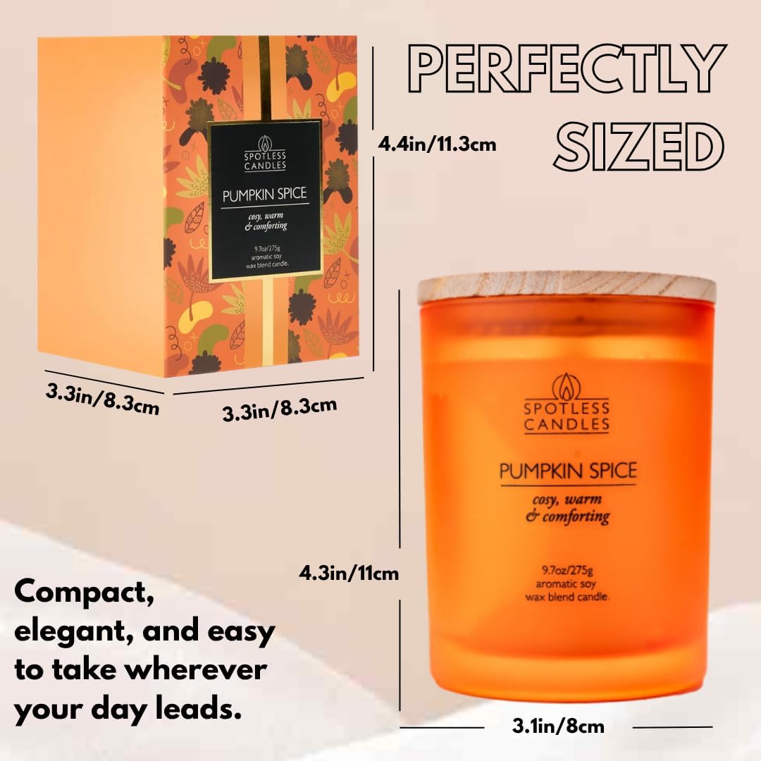 Pumpkin Spice Candle - 9.7 oz /275g Pumpkin Candle in Orange Frosted Glass Jar with Wooden Lid and Wooden Crackling Wick in Luxurious Gift Box - Cosy, Warm and Comforting