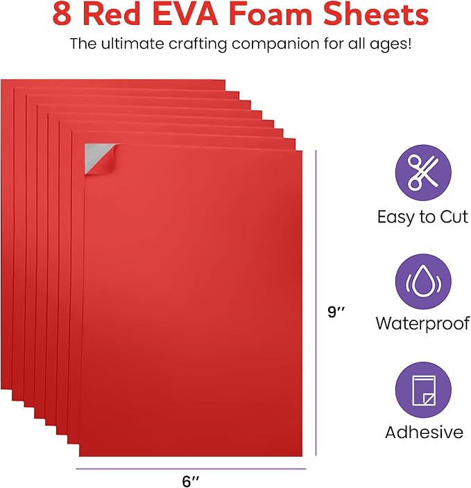 Self-Adhesive EVA Foam Sheets for Crafts – 2mm Thickness 8 Red Sheets, 6 x 9 - Image 2