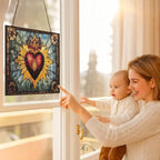 Rectangle Stained Glass Suncatcher, Vintage Sacred Heart Sun Catcher Stain - Image 5