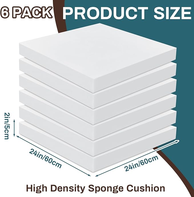 Frienda 6 Pack 2" X 24" X 24" Upholstery High Density Foam Cushion White - Image 2