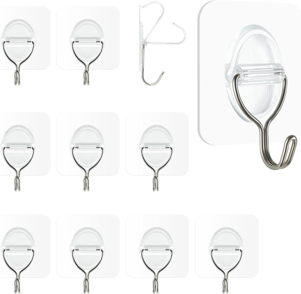 Adhesive Wall Hooks No Damage, Stick On Hooks for Hanging 10 Pack - Transparent Stainless Steel 5KG Heavy Duty, Waterproof Removable (5x5cm) Kitchen Bathroom Office, Ganchos para Pared (XL)
